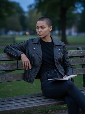 Unik Black Leather Biker Jacket with Skull Lapel Pin